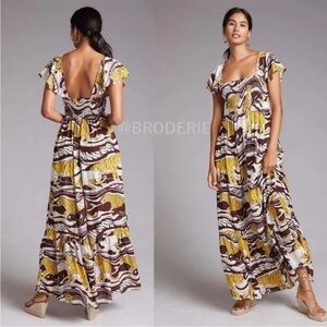 Anthropologie Panther Ruffled Maxi Dress Yellow Brown Square Neck Stretch Sz XS